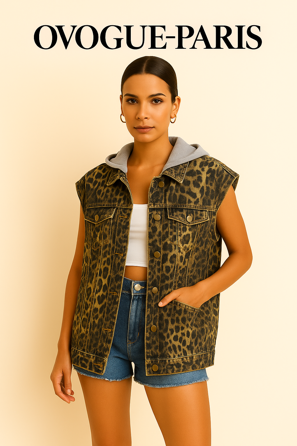 Ovogue-Paris™ | Gilet sans manches en denim à imprimé léopard avec capuche amovible